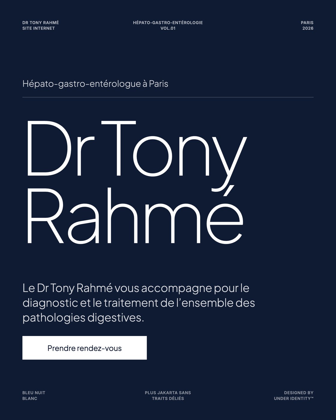 Affiche bleu nuit : « Dr Tony Rahmé » en lettres fines, hépato-gastro-entérologue à Paris, bouton Prendre rendez-vous