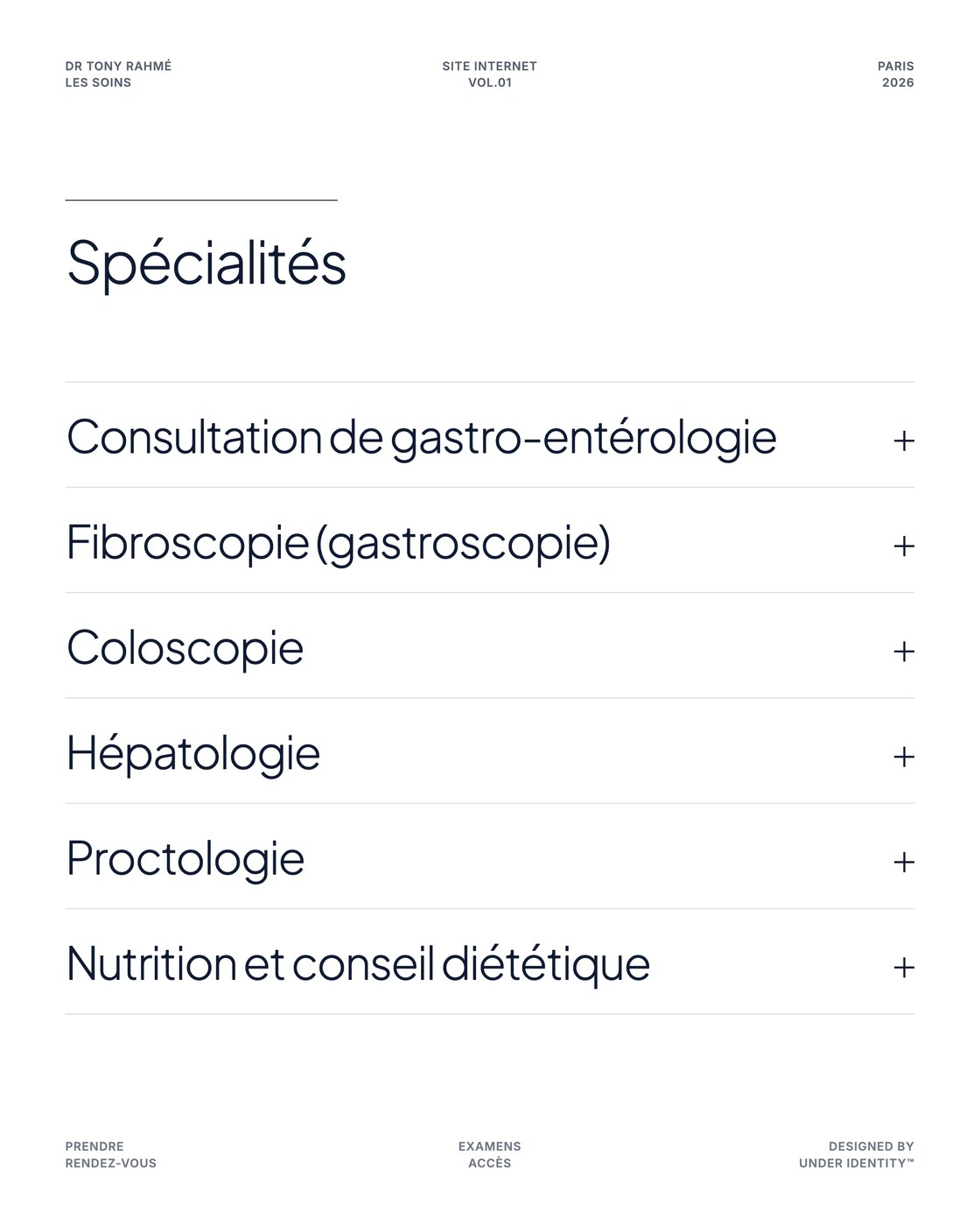 Affiche blanche : la liste des spécialités, de la consultation de gastro-entérologie à la nutrition