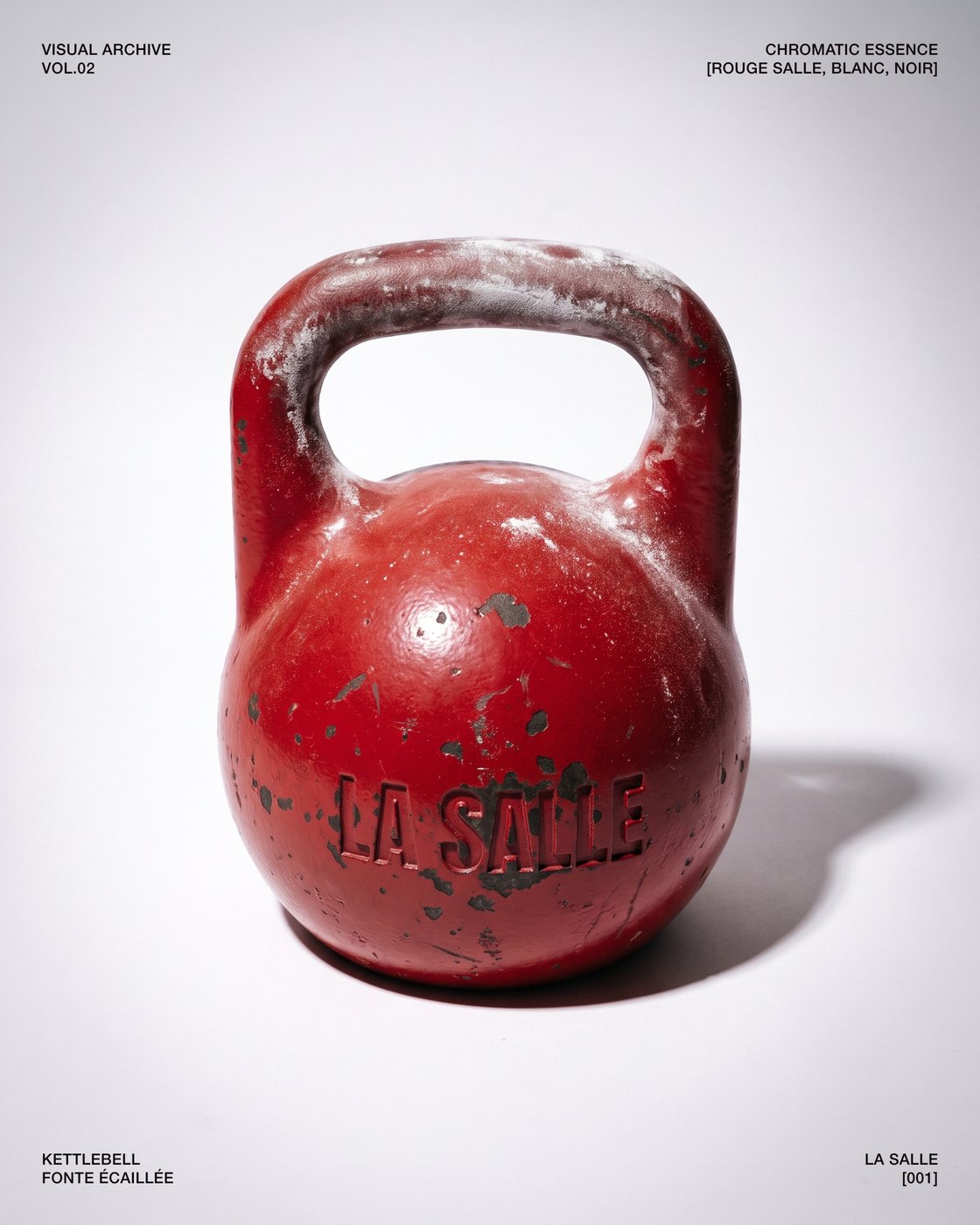 Kettlebell rouge écaillée « LA SALLE », seule sur papier blanc, avec ses légendes