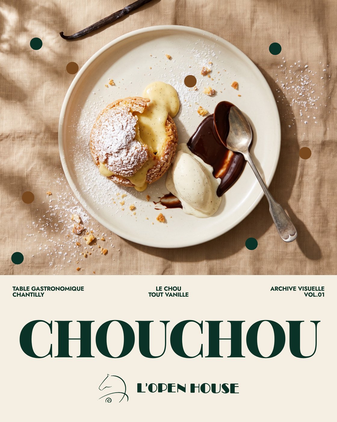 Affiche CHOUCHOU : chou à la crème sur lin beige, titre en vert anglais
