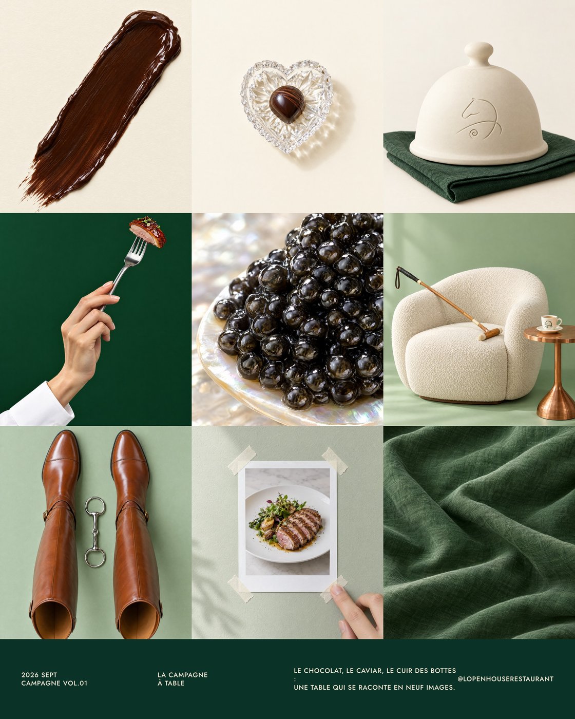 La campagne en neuf images : chocolat, caviar, cloche crème, assiette et lin vert, avec ses légendes