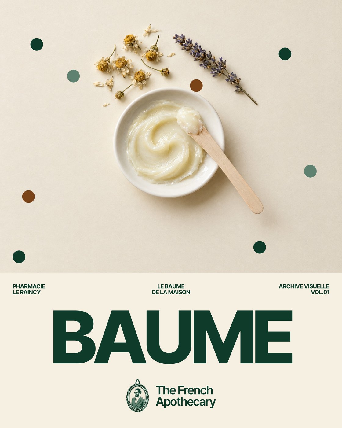 Affiche BAUME : coupelle de baume, camomille et lavande séchées, titre en vert anglais